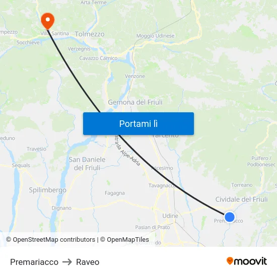 Premariacco to Raveo map