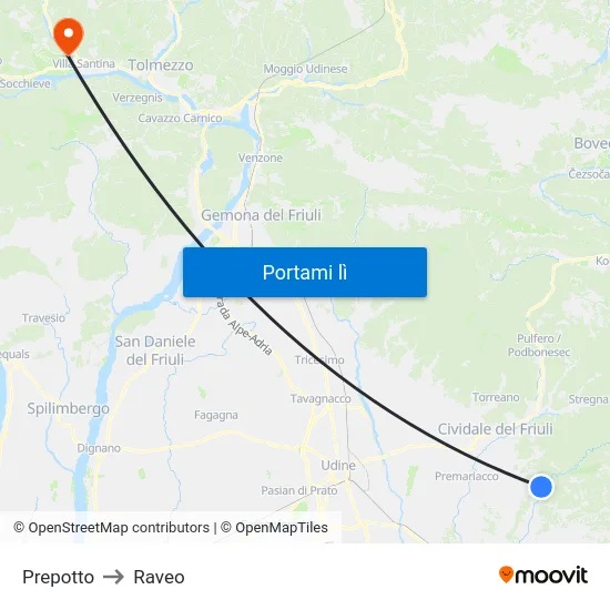 Prepotto to Raveo map