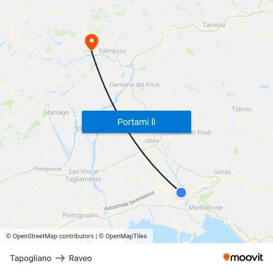Tapogliano to Raveo map