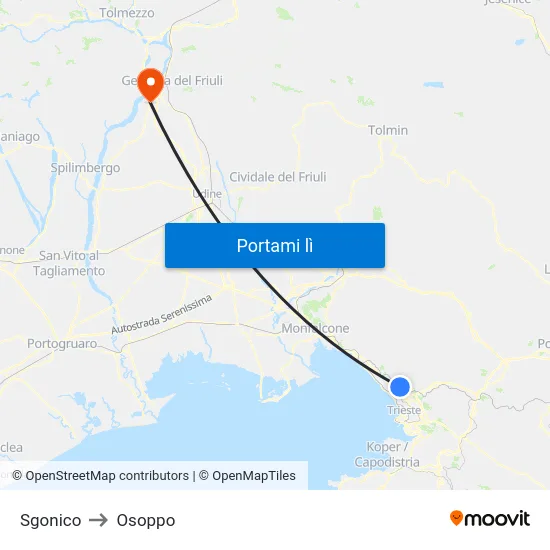 Sgonico to Osoppo map
