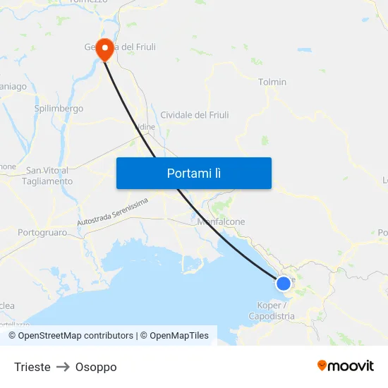 Trieste to Osoppo map