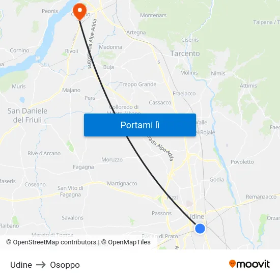 Udine to Osoppo map