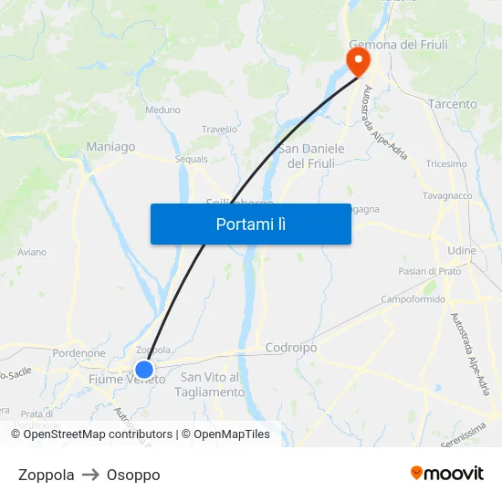 Zoppola to Osoppo map