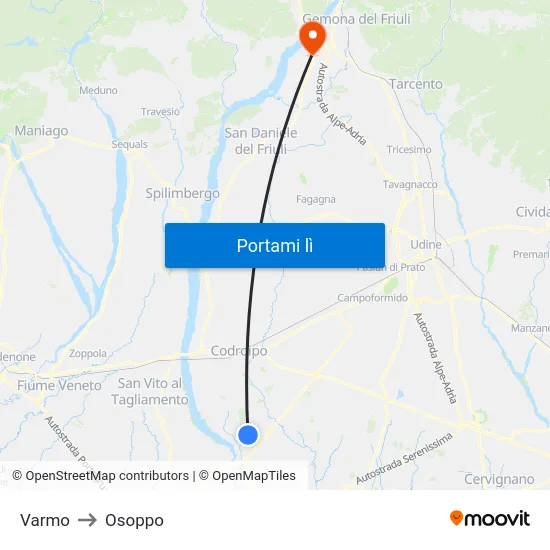 Varmo to Osoppo map