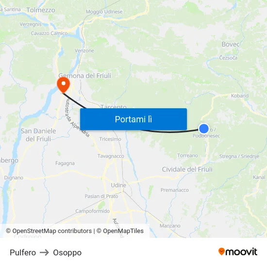 Pulfero to Osoppo map