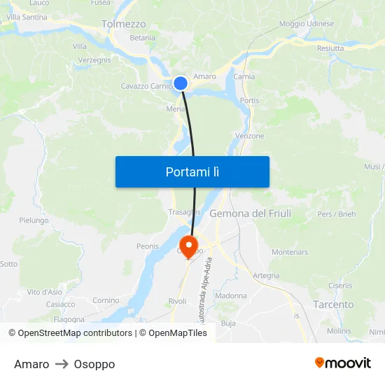 Amaro to Osoppo map