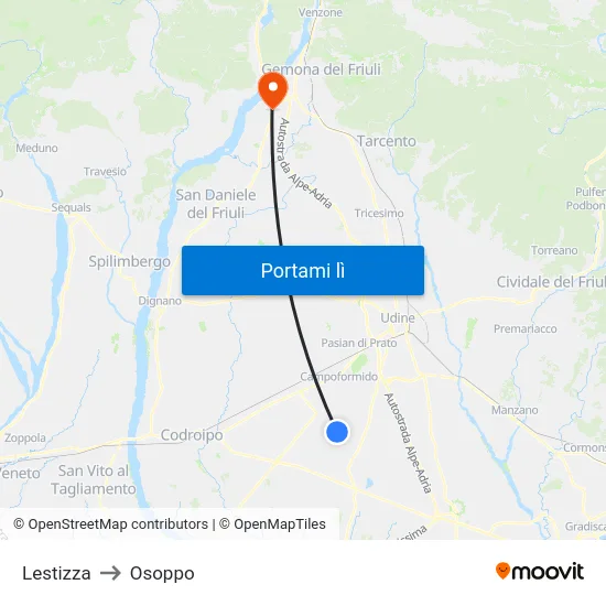 Lestizza to Osoppo map