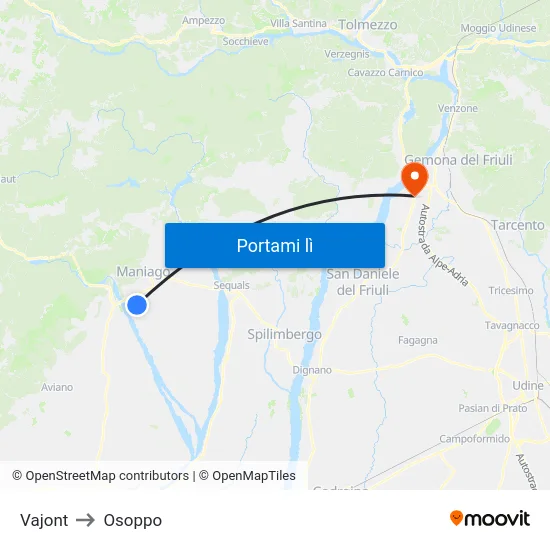 Vajont to Osoppo map