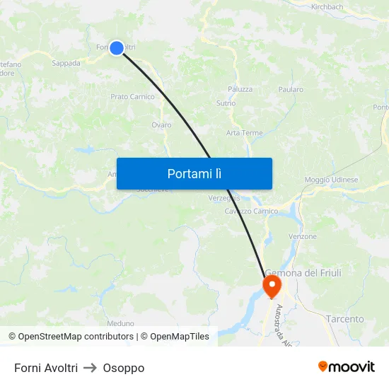 Forni Avoltri to Osoppo map
