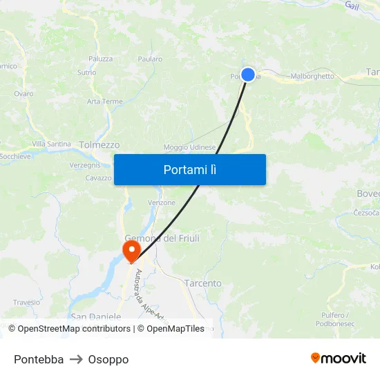 Pontebba to Osoppo map