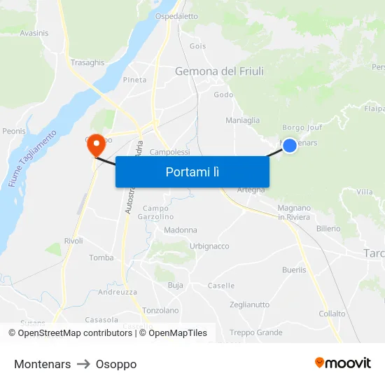Montenars to Osoppo map