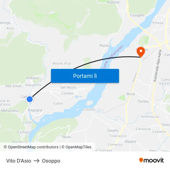 Vito D'Asio to Osoppo map