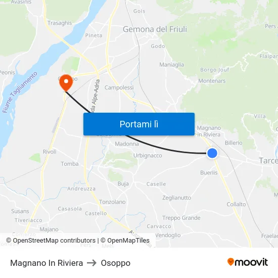 Magnano In Riviera to Osoppo map