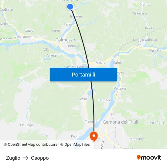 Zuglio to Osoppo map
