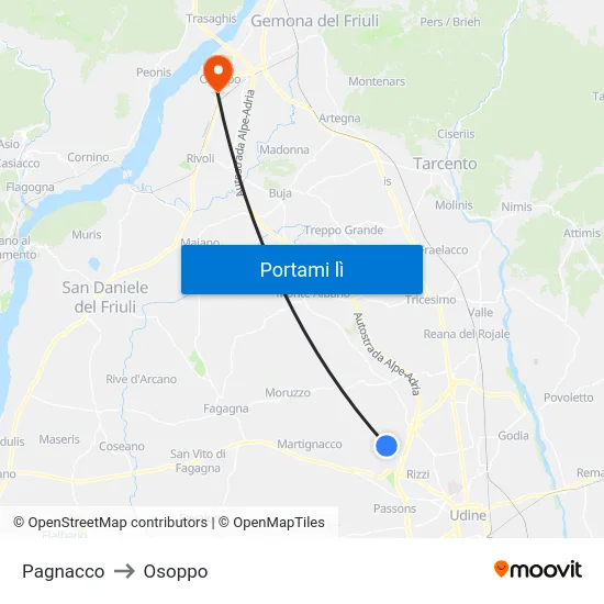 Pagnacco to Osoppo map