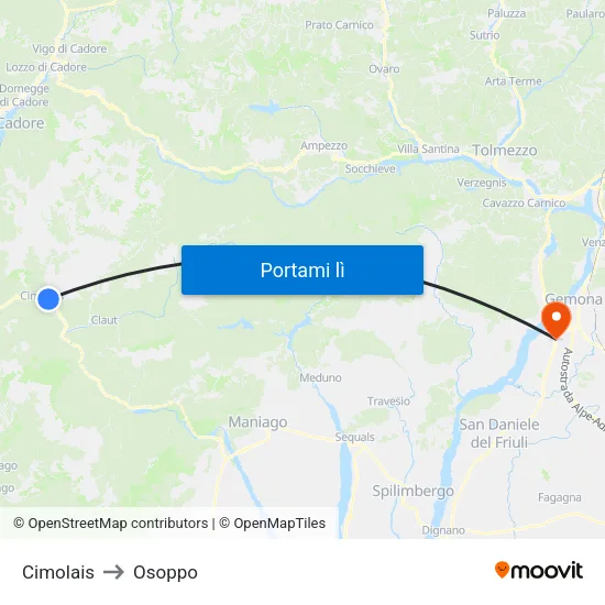 Cimolais to Osoppo map