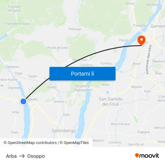 Arba to Osoppo map