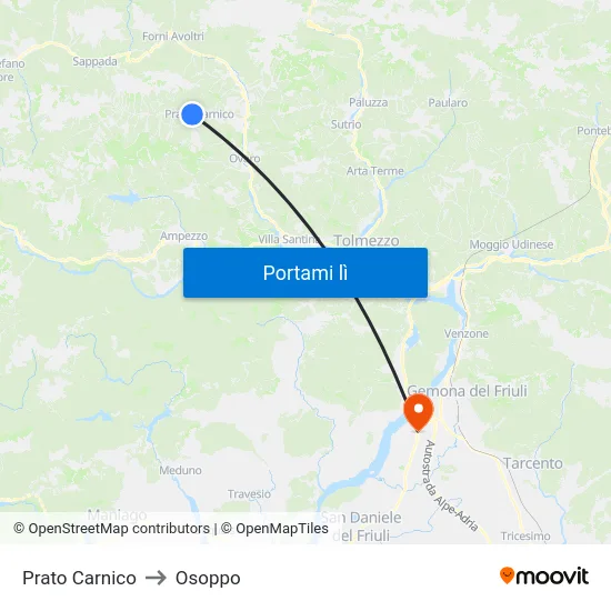 Prato Carnico to Osoppo map