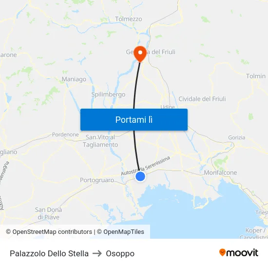 Palazzolo Dello Stella to Osoppo map