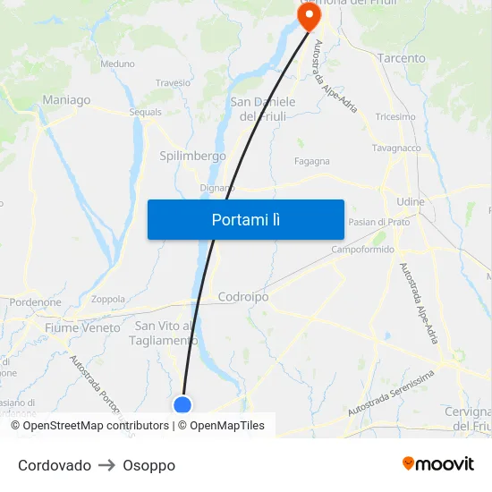 Cordovado to Osoppo map
