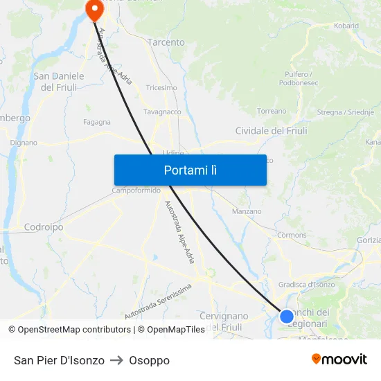 San Pier D'Isonzo to Osoppo map
