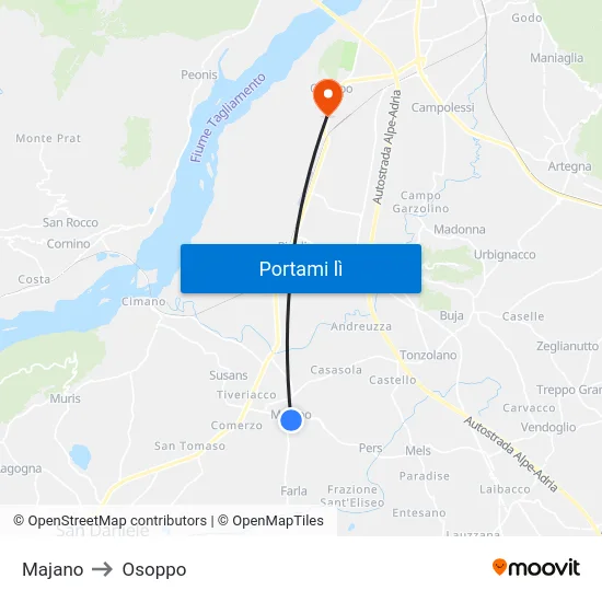 Majano to Osoppo map