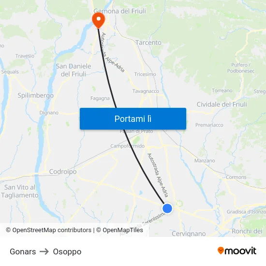 Gonars to Osoppo map