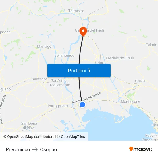 Precenicco to Osoppo map