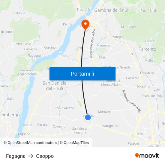 Fagagna to Osoppo map