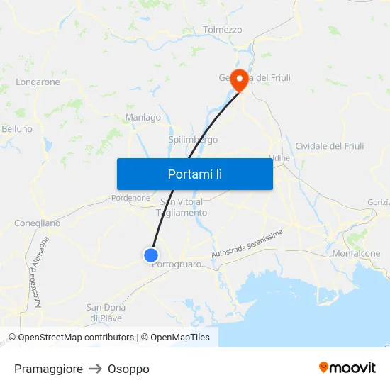 Pramaggiore to Osoppo map