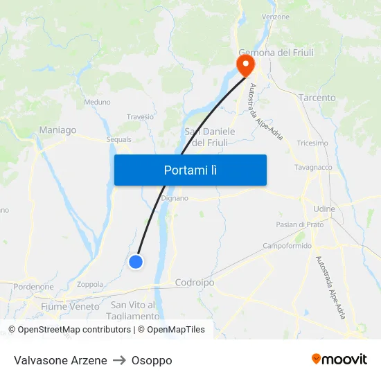 Valvasone Arzene to Osoppo map