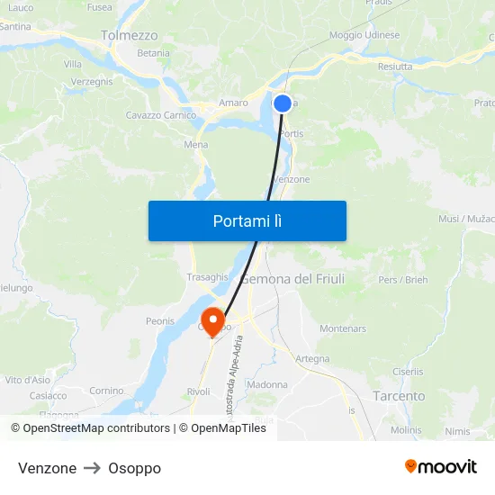 Venzone to Osoppo map