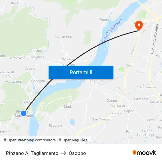 Pinzano Al Tagliamento to Osoppo map