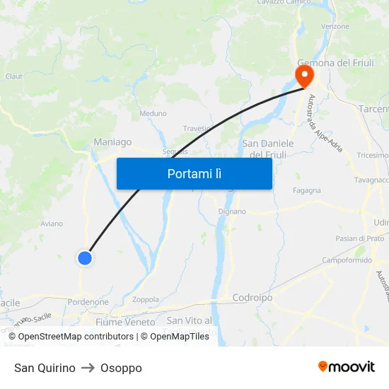 San Quirino to Osoppo map