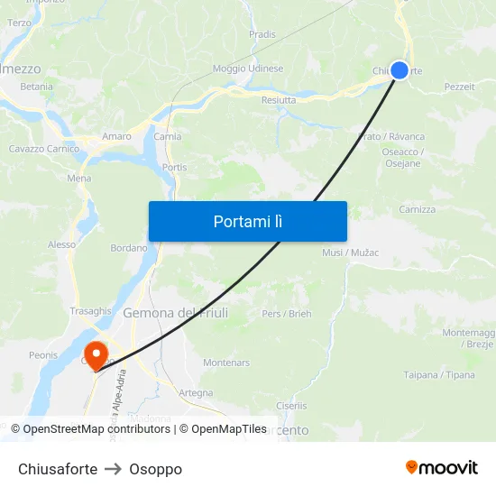 Chiusaforte to Osoppo map