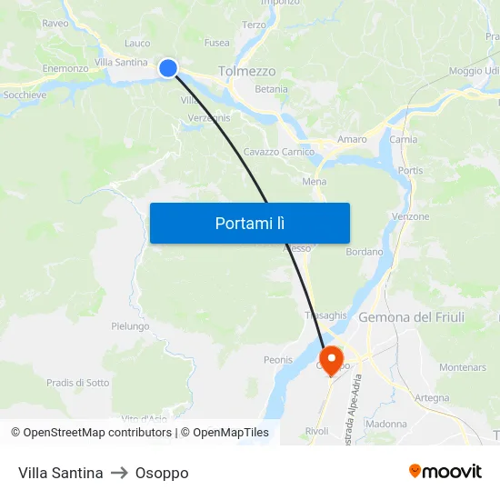 Villa Santina to Osoppo map