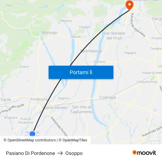 Pasiano Di Pordenone to Osoppo map