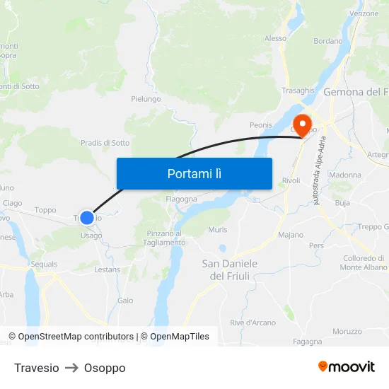 Travesio to Osoppo map