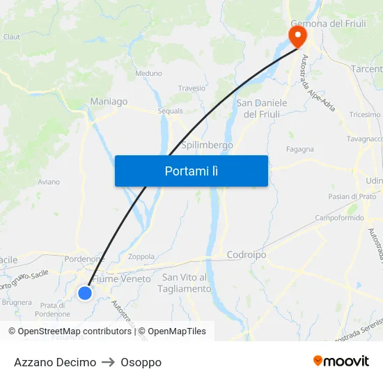 Azzano Decimo to Osoppo map