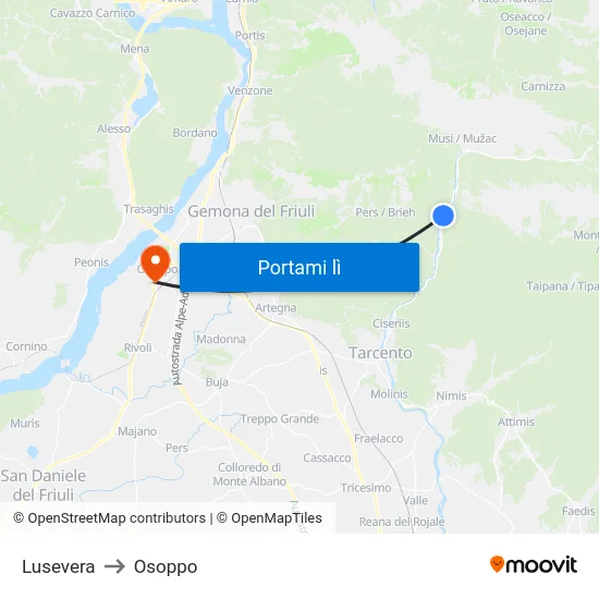 Lusevera to Osoppo map
