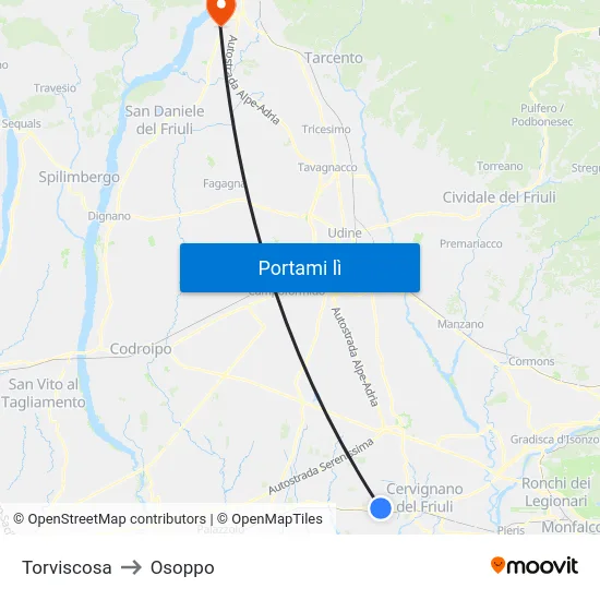Torviscosa to Osoppo map
