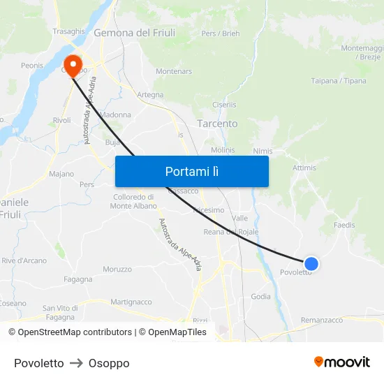 Povoletto to Osoppo map