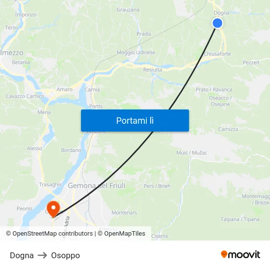 Dogna to Osoppo map