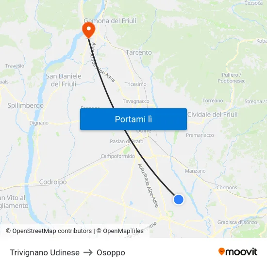 Trivignano Udinese to Osoppo map