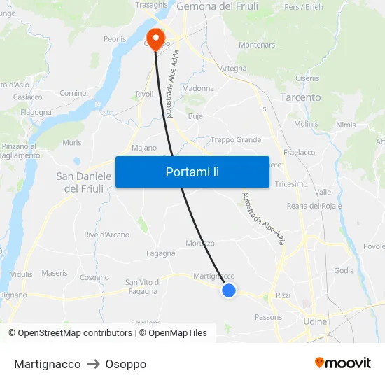 Martignacco to Osoppo map