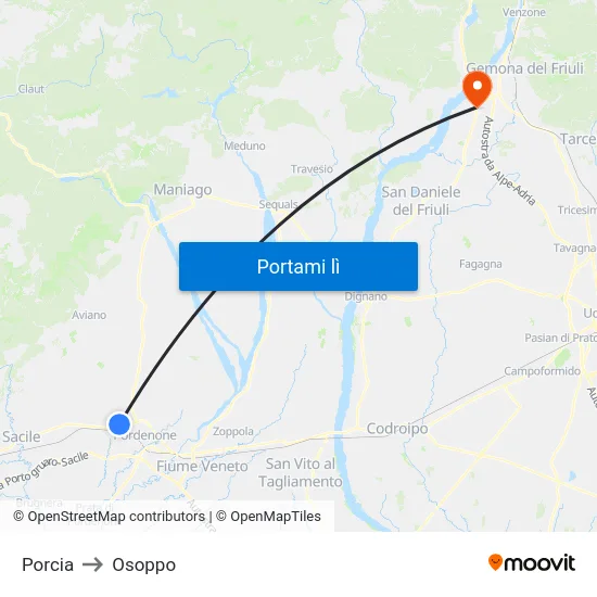 Porcia to Osoppo map