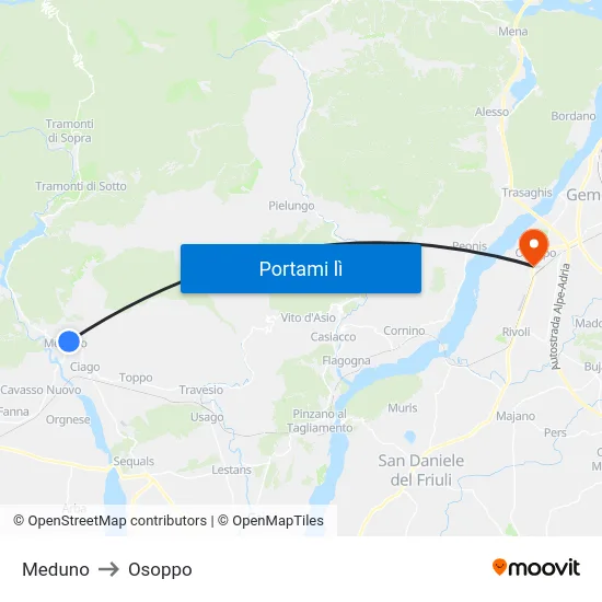 Meduno to Osoppo map