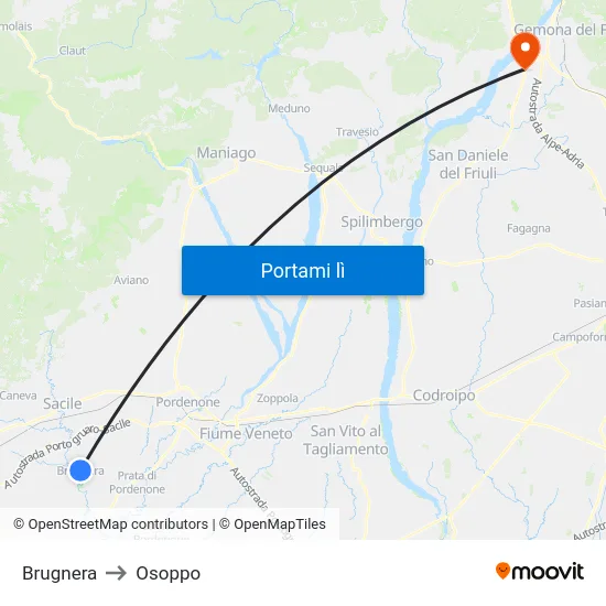 Brugnera to Osoppo map