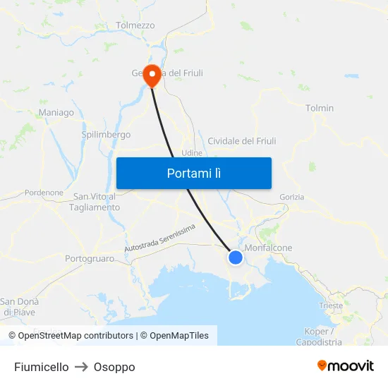 Fiumicello to Osoppo map