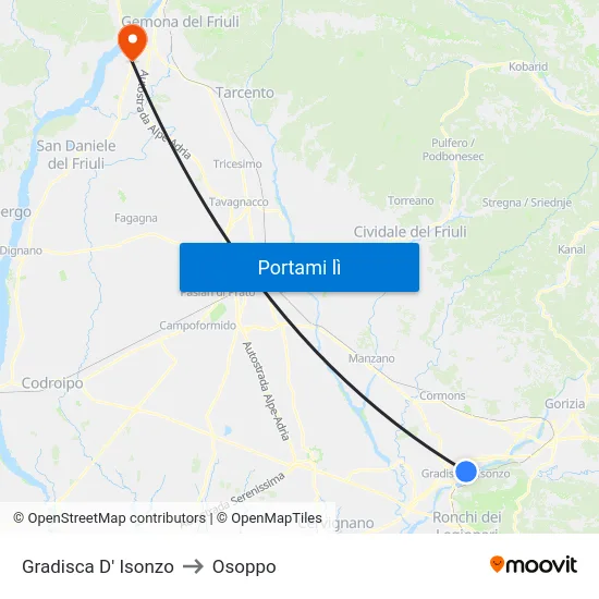 Gradisca D' Isonzo to Osoppo map